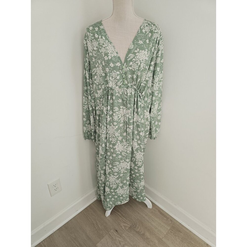 Summersalt Cinched Waist Caftan Dress XL Floral Green Ivy Long Midi V-Neck - Picture 2 of 12